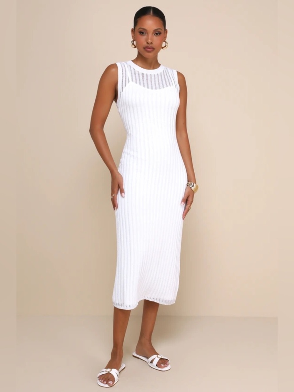 Lulu's White Sleeveless Ribbed Knit Midi Dress - Picture 1 of 8